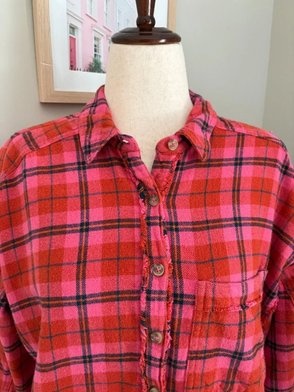 Free People Size XS Happy Hour Plaid Long Sleeve Flannel Shirt Pink Carnelian